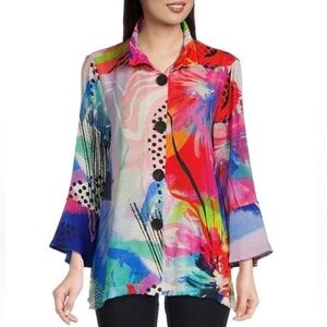Ali Miles Artsy Abstract Print Bell Sleeve Button Up Blouse